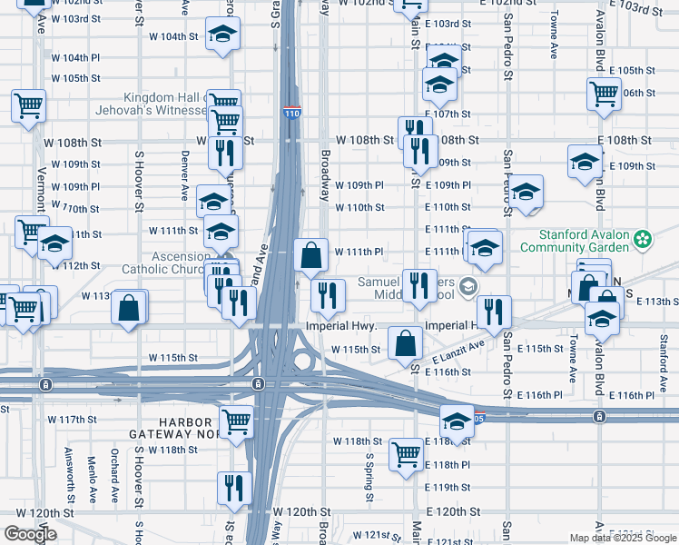 map of restaurants, bars, coffee shops, grocery stores, and more near 251 West 112th Street in Los Angeles