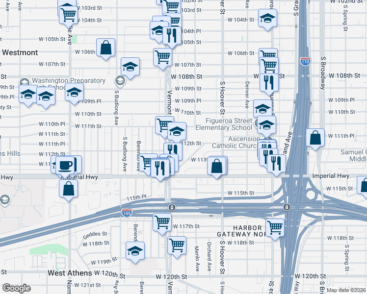 map of restaurants, bars, coffee shops, grocery stores, and more near 840 West 112th Street in Los Angeles