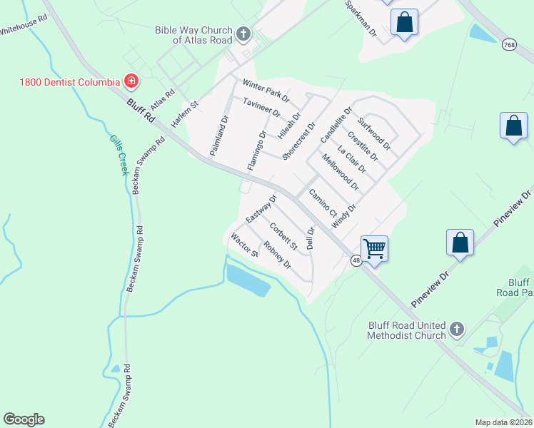 map of restaurants, bars, coffee shops, grocery stores, and more near 4500 Corbett Street in Columbia