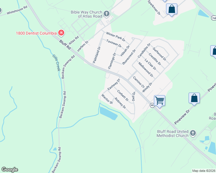 map of restaurants, bars, coffee shops, grocery stores, and more near 3001 Eastway Drive in Columbia