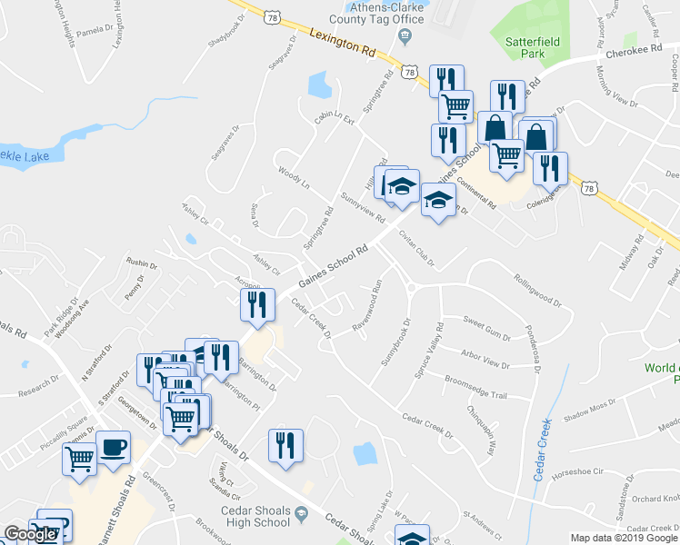 map of restaurants, bars, coffee shops, grocery stores, and more near 575 Gaines School Road in Athens