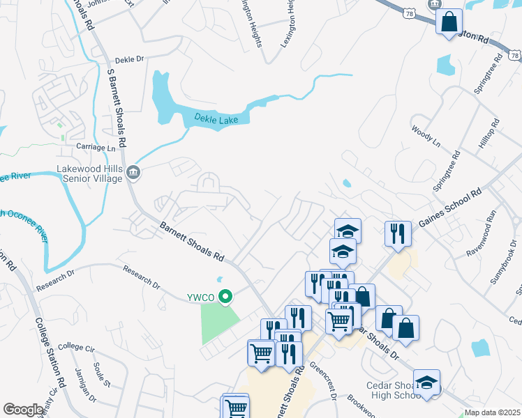 map of restaurants, bars, coffee shops, grocery stores, and more near 222 Parkridge Drive in Athens