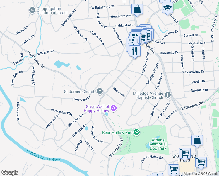 map of restaurants, bars, coffee shops, grocery stores, and more near 110 Hope Avenue in Athens