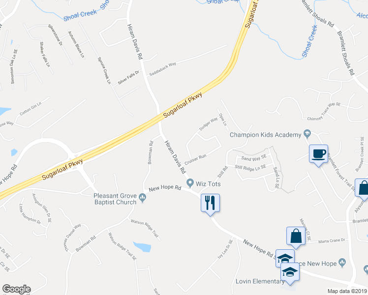 map of restaurants, bars, coffee shops, grocery stores, and more near 1402 Dodger Way in Lawrenceville