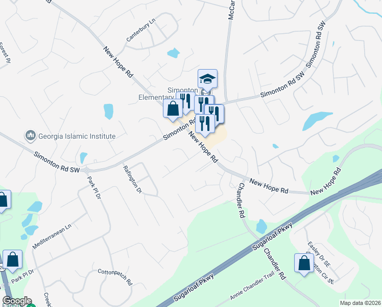 map of restaurants, bars, coffee shops, grocery stores, and more near 988 Hilltop Court in Lawrenceville