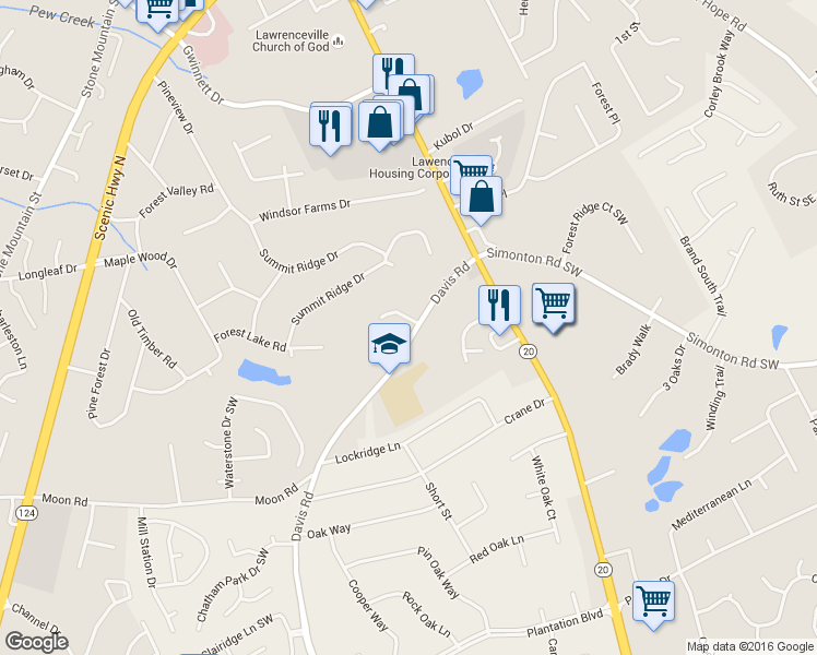 map of restaurants, bars, coffee shops, grocery stores, and more near 635 Davis Road in Lawrenceville