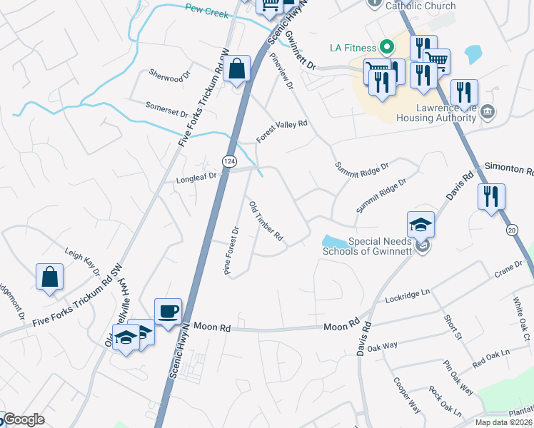 map of restaurants, bars, coffee shops, grocery stores, and more near 118 Old Timber Road in Lawrenceville