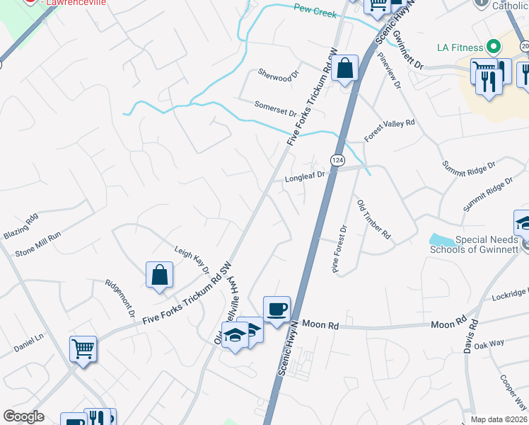map of restaurants, bars, coffee shops, grocery stores, and more near 805 Five Forks Trickum Road Southwest in Lawrenceville
