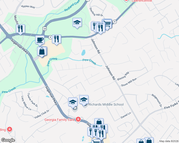 map of restaurants, bars, coffee shops, grocery stores, and more near 205 Grayland Court in Lawrenceville