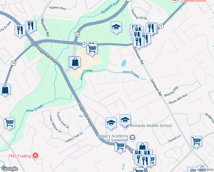 map of restaurants, bars, coffee shops, grocery stores, and more near 1320 Grayland Hills Trail in Lawrenceville