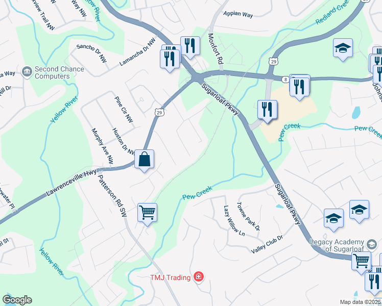 map of restaurants, bars, coffee shops, grocery stores, and more near 1758 Cannonball Court Northwest in Lawrenceville