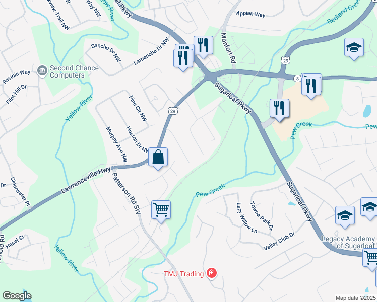 map of restaurants, bars, coffee shops, grocery stores, and more near 91 Davis Mill Court in Lawrenceville