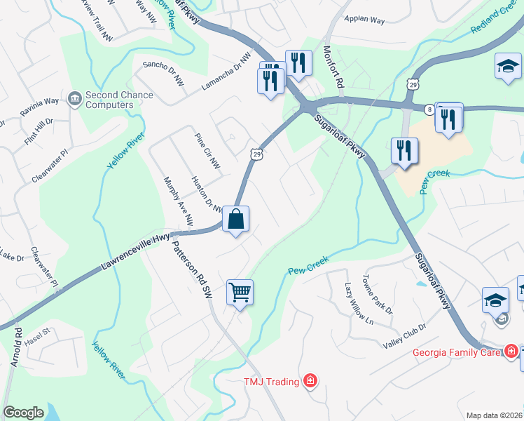 map of restaurants, bars, coffee shops, grocery stores, and more near 93 Davis Mill Court in Lawrenceville