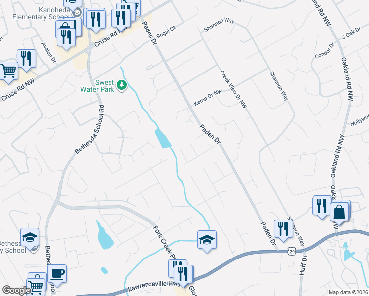 map of restaurants, bars, coffee shops, grocery stores, and more near 2605 Titon Way in Lawrenceville