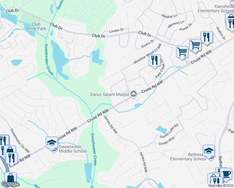 map of restaurants, bars, coffee shops, grocery stores, and more near 3155 Fescue Circle in Lawrenceville