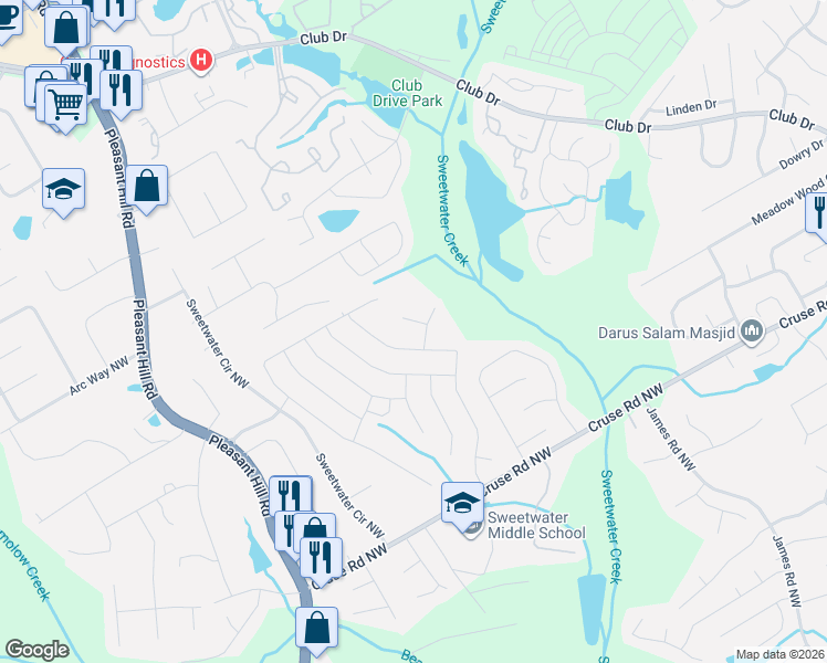 map of restaurants, bars, coffee shops, grocery stores, and more near 924 Mesa Arch Way in Lawrenceville