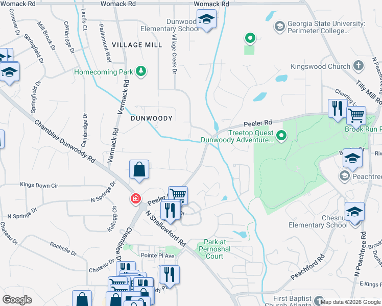 map of restaurants, bars, coffee shops, grocery stores, and more near 4643 Village Court in Dunwoody