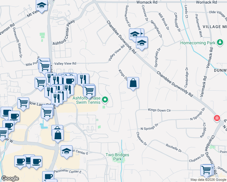map of restaurants, bars, coffee shops, grocery stores, and more near 4654 Devonshire Road in Dunwoody