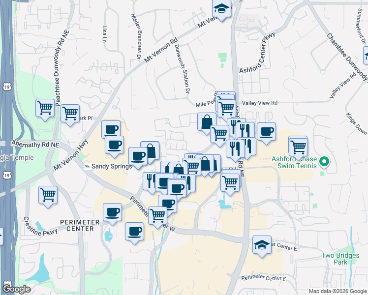 map of restaurants, bars, coffee shops, grocery stores, and more near 1100 Ashwood Parkway in Atlanta