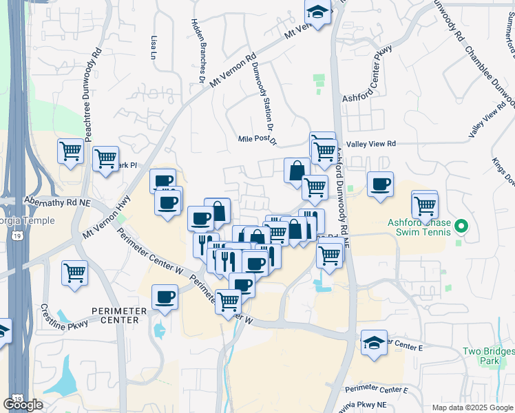 map of restaurants, bars, coffee shops, grocery stores, and more near 4689 Dogwood Alley in Dunwoody