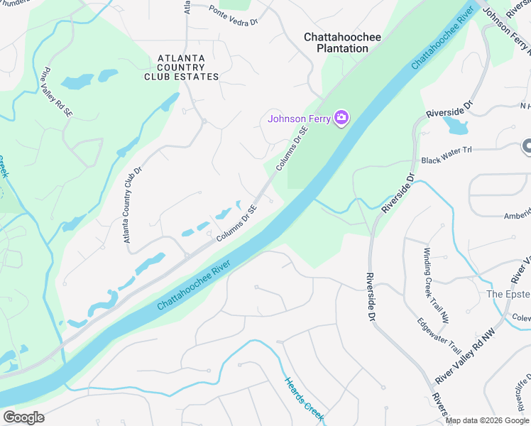 map of restaurants, bars, coffee shops, grocery stores, and more near 4598 Columns Drive Southeast in Marietta