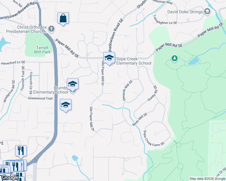 map of restaurants, bars, coffee shops, grocery stores, and more near 3361 Stovehill Court Southeast in Marietta