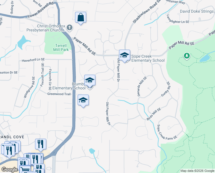 map of restaurants, bars, coffee shops, grocery stores, and more near 3343 West Terrell Branch Court in Marietta