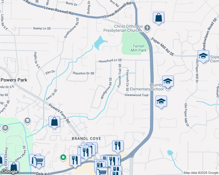 map of restaurants, bars, coffee shops, grocery stores, and more near 780 Foxcroft Trail Southeast in Marietta