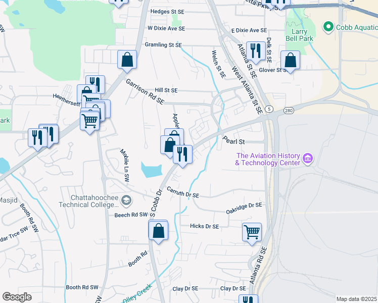 map of restaurants, bars, coffee shops, grocery stores, and more near 825 Georgia 280 in Marietta
