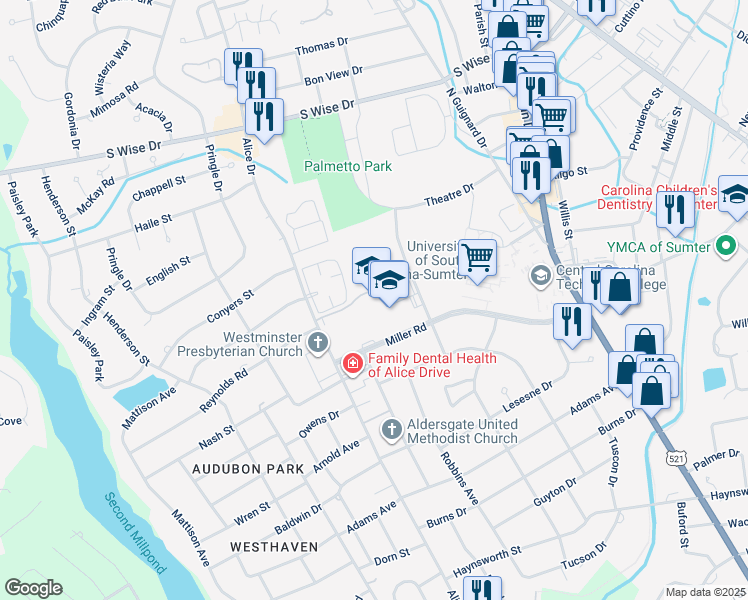 map of restaurants, bars, coffee shops, grocery stores, and more near 251 Alice Drive in Sumter