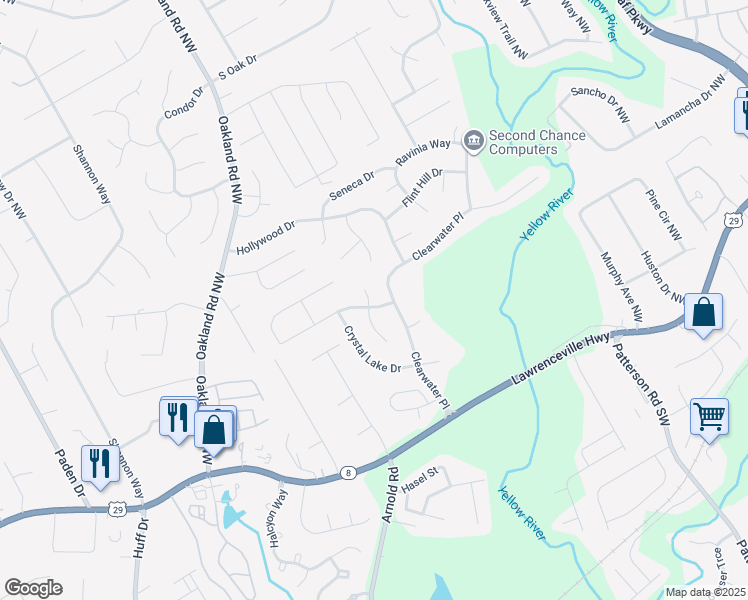 map of restaurants, bars, coffee shops, grocery stores, and more near 353 Cimarron Way in Lawrenceville