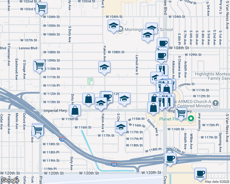 map of restaurants, bars, coffee shops, grocery stores, and more near 3515 West 112th Street in Inglewood