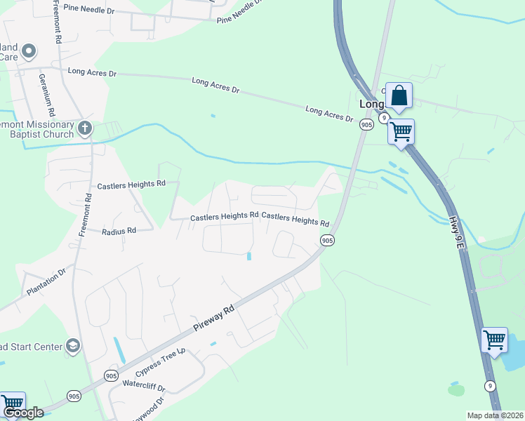 map of restaurants, bars, coffee shops, grocery stores, and more near 277 Castlers Heights Road in Longs