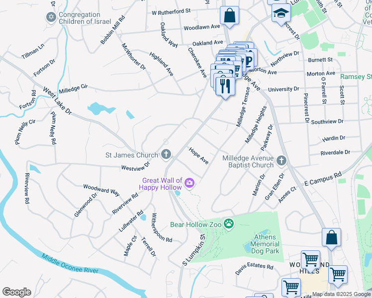 map of restaurants, bars, coffee shops, grocery stores, and more near 110 Hope Avenue in Athens