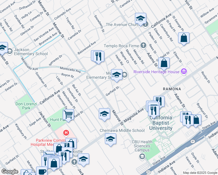 map of restaurants, bars, coffee shops, grocery stores, and more near 8642 Larkin Court in Riverside