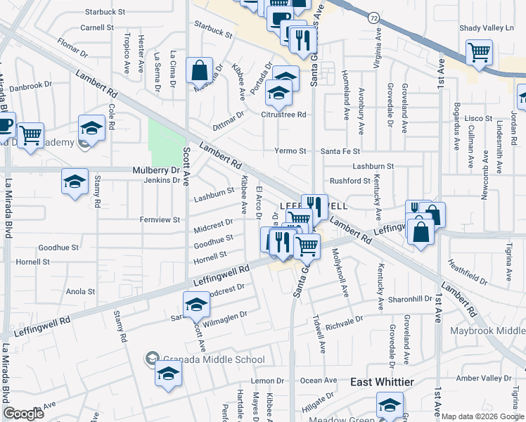 map of restaurants, bars, coffee shops, grocery stores, and more near 11020 El Arco Drive in Whittier