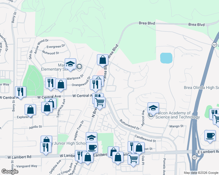 map of restaurants, bars, coffee shops, grocery stores, and more near 242 Echo Canyon Place in Brea