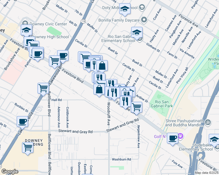 map of restaurants, bars, coffee shops, grocery stores, and more near 11102 Woodruff Avenue in Downey