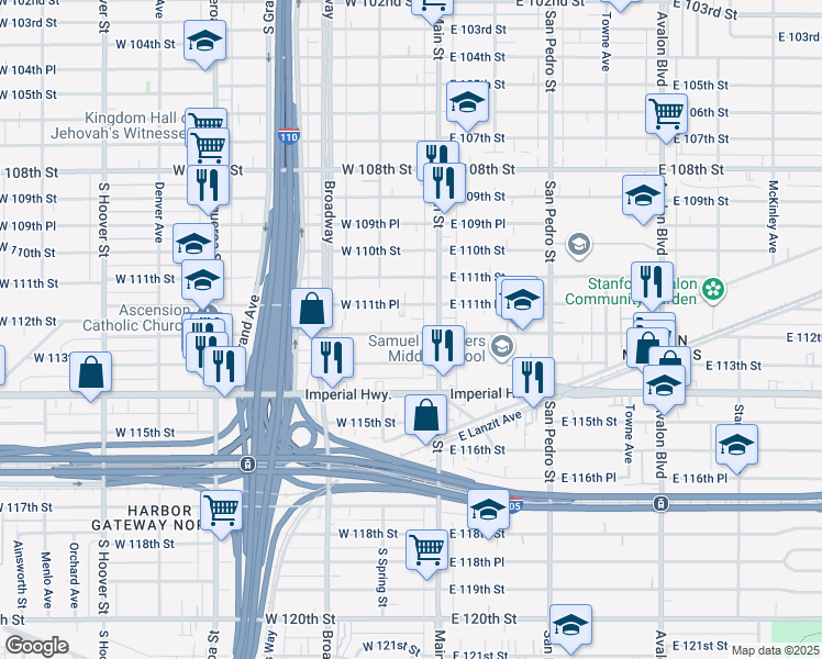 map of restaurants, bars, coffee shops, grocery stores, and more near 129 West 112th Street in Los Angeles