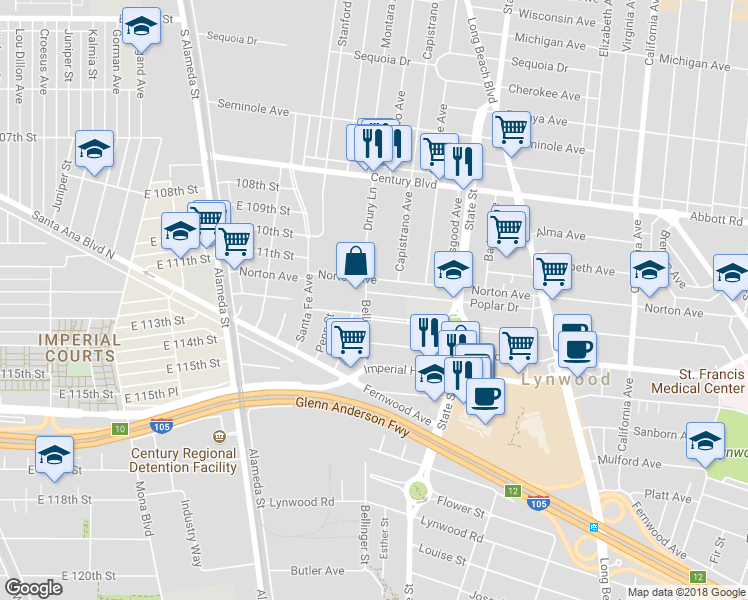 map of restaurants, bars, coffee shops, grocery stores, and more near 2908 Poplar Dr in Lynwood