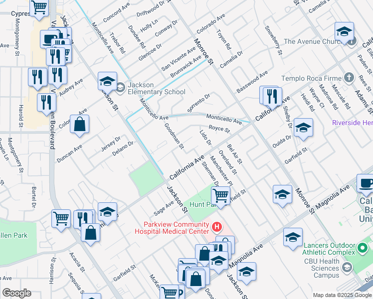 map of restaurants, bars, coffee shops, grocery stores, and more near 8989 Christopher Place in Riverside
