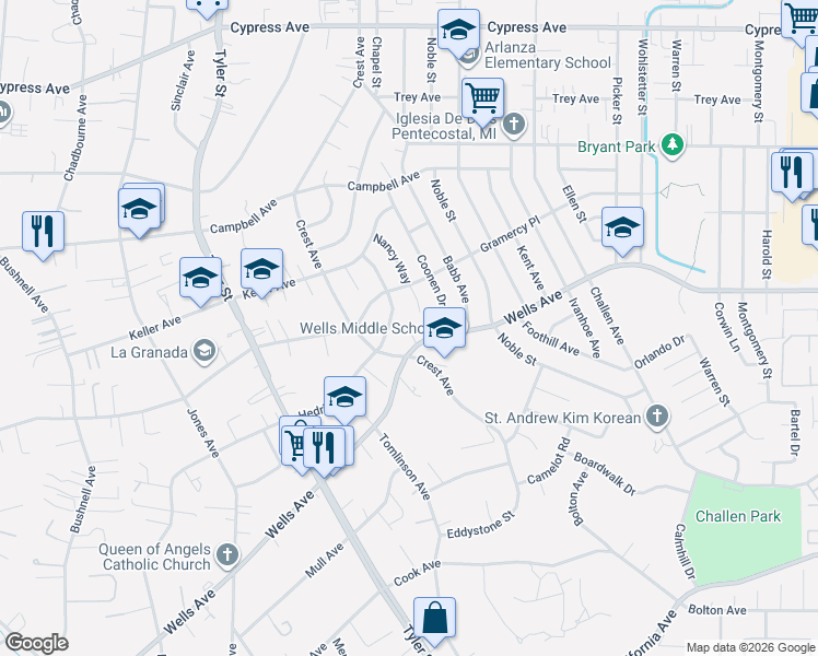 map of restaurants, bars, coffee shops, grocery stores, and more near 4898 Saturn Circle in Riverside