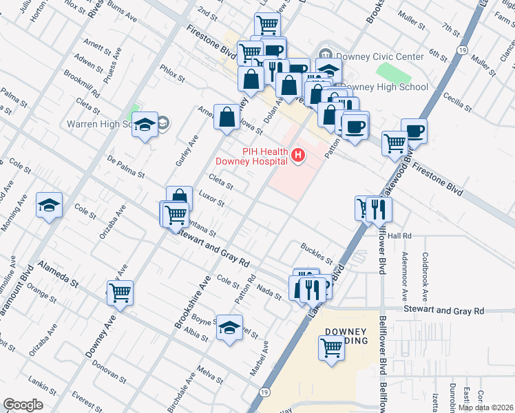map of restaurants, bars, coffee shops, grocery stores, and more near 8524 Cleta Street in Downey