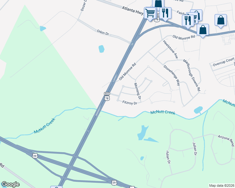 map of restaurants, bars, coffee shops, grocery stores, and more near 205 Rockwood Boulevard in Bogart