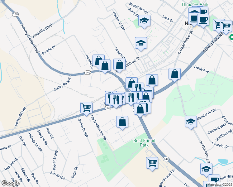 map of restaurants, bars, coffee shops, grocery stores, and more near 1004 South Peachtree Street in Norcross