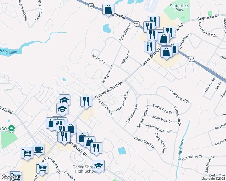 map of restaurants, bars, coffee shops, grocery stores, and more near 575 Gaines School Road in Athens