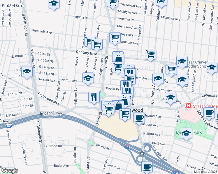 map of restaurants, bars, coffee shops, grocery stores, and more near 3123 Poplar Drive in Lynwood