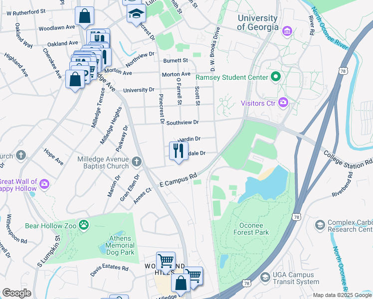 map of restaurants, bars, coffee shops, grocery stores, and more near 139 Riverdale Drive in Athens