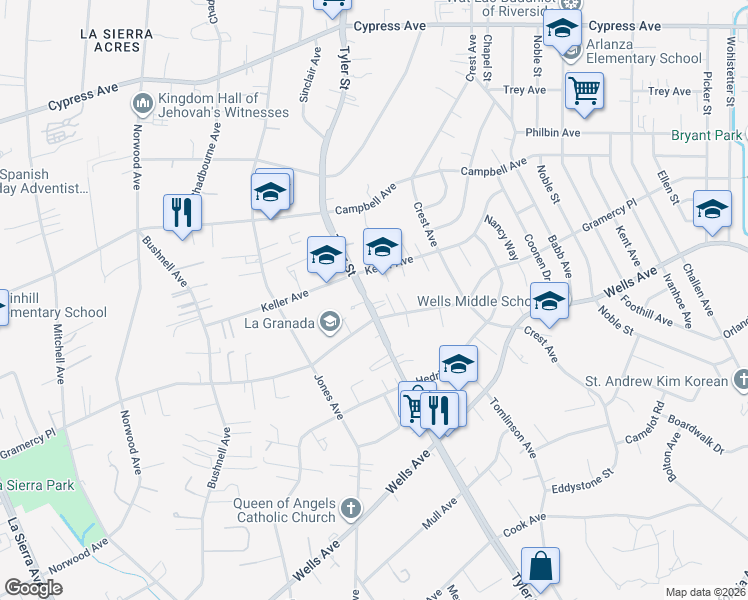 map of restaurants, bars, coffee shops, grocery stores, and more near 5327 Tyler Street in Riverside