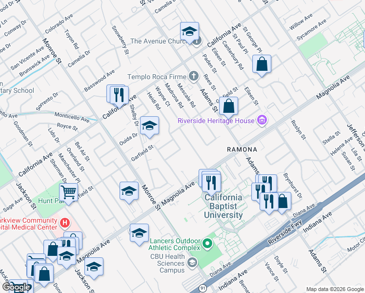 map of restaurants, bars, coffee shops, grocery stores, and more near 3931 Heidi Road in Riverside